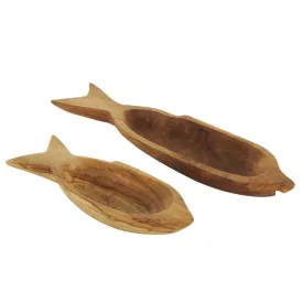 2pc Carved Fish Tray Set in Brown