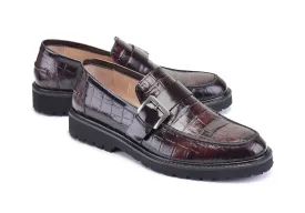 Pelle Crocodile Embossed Calfskin Slip-On Loafer Brown