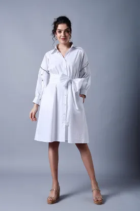 WHITE BOW TIE-UP SHIRT DRESS